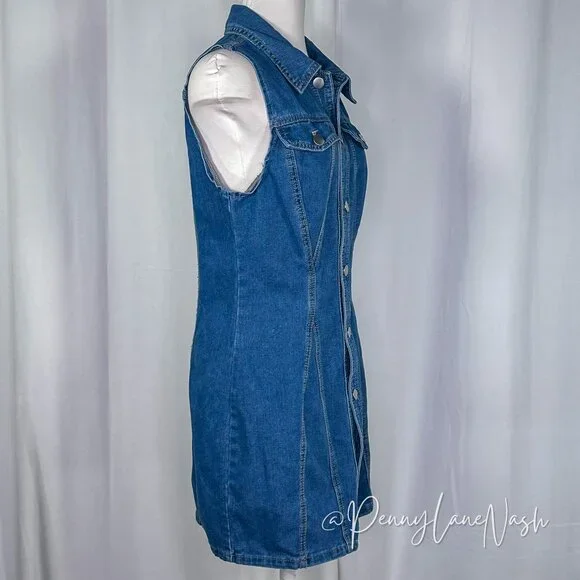 Shein Denim Button Front Sleeveless Shirt Dress Blue - Picture 4 of 10